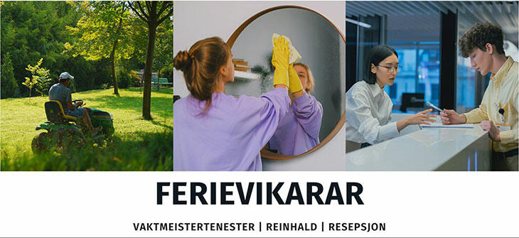 Fotocollage av tre bilder, bilde 1: person som klipper gras, bilde 2: person som vaskar spegel, bilde 3: person som hjelper kunde i resepsjon